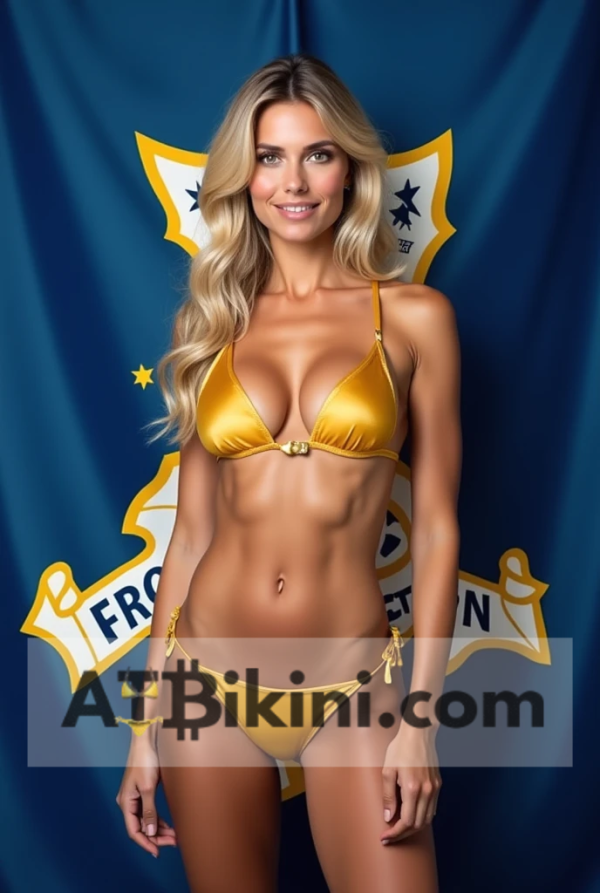 Connecticut bikini woman in Golden bikini in front of Connecticut flag lookalike