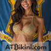 Connecticut bikini woman in Golden bikini in front of Connecticut flag lookalike