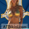 Connecticut bikini woman in Golden bikini in front of Connecticut flag lookalike