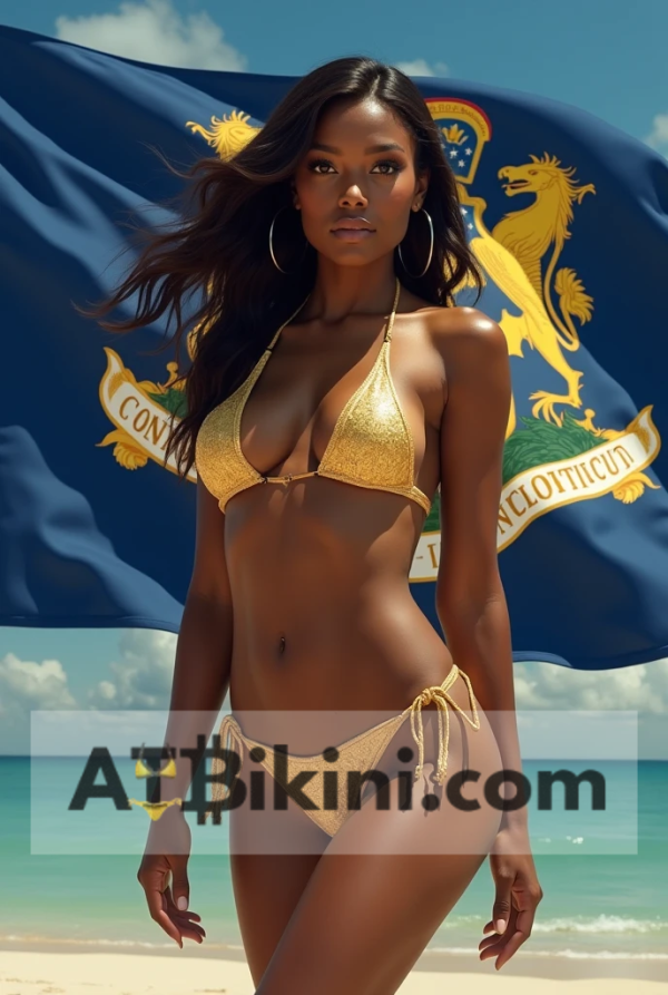 Connecticut bikini woman in Golden bikini in front of Connecticut flag lookalike