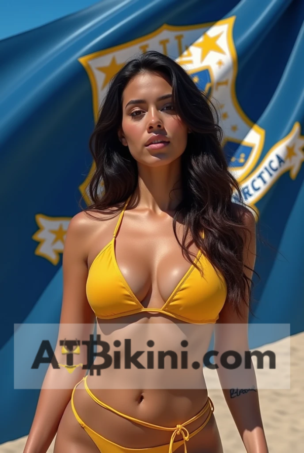 Connecticut bikini woman in Golden bikini in front of Connecticut flag lookalike