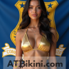 Connecticut bikini woman in Golden bikini in front of Connecticut flag lookalike