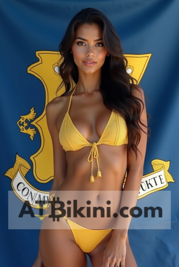 Connecticut bikini woman in Golden bikini in front of Connecticut flag lookalike