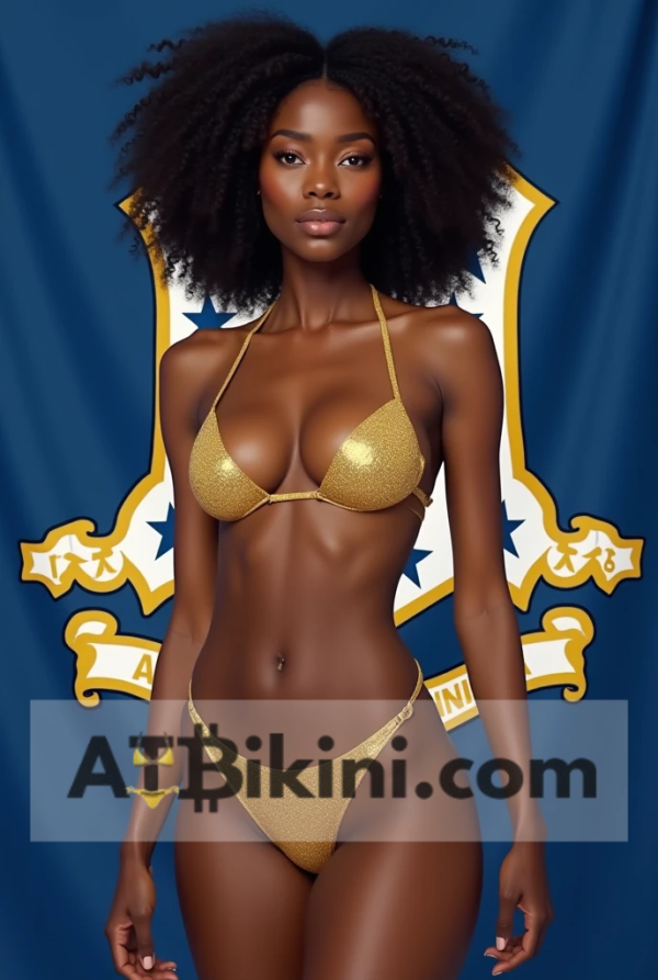 Connecticut bikini woman in Golden bikini in front of Connecticut flag lookalike