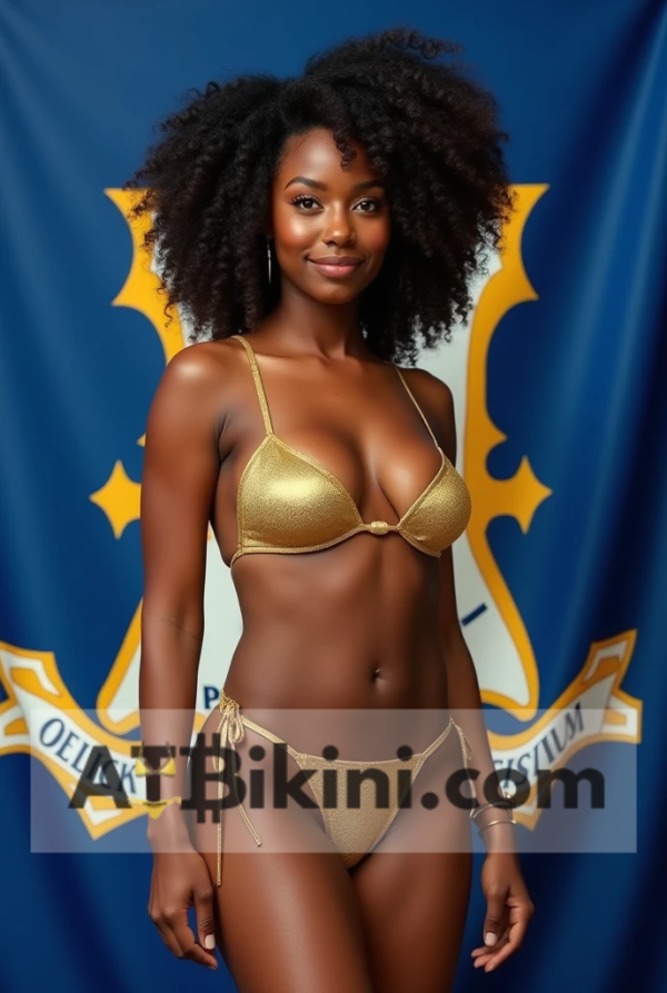 Connecticut bikini woman in Golden bikini in front of Connecticut flag lookalike