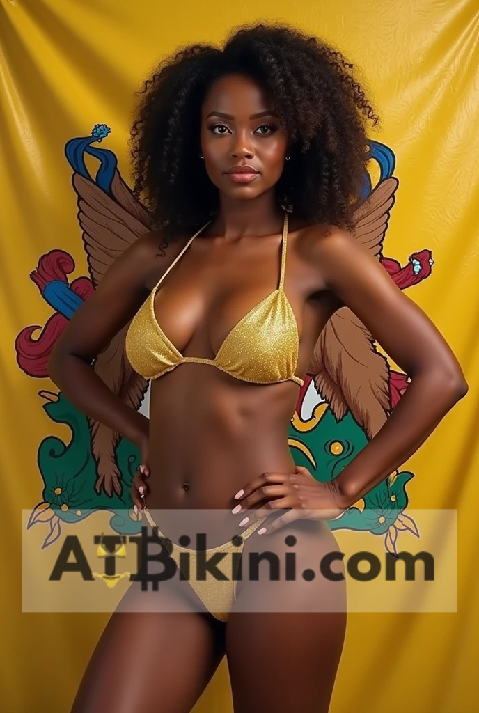 Delaware bikini woman in Golden bikini in front of Delaware flag lookalike