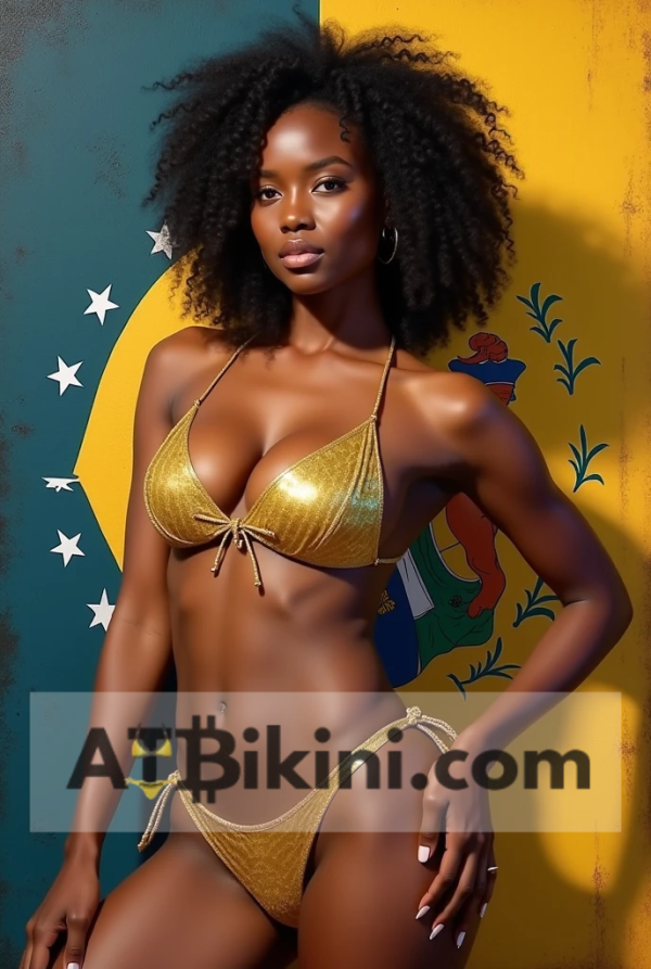 Delaware bikini woman in Golden bikini in front of Delaware flag lookalike