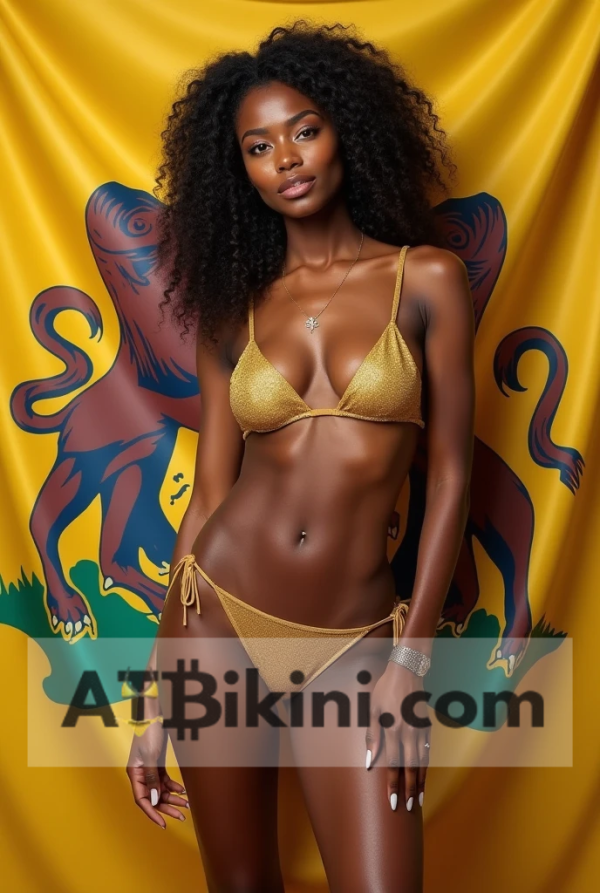 Delaware bikini woman in Golden bikini in front of Delaware flag lookalike