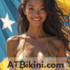 Delaware bikini woman in Golden bikini in front of Delaware flag lookalike