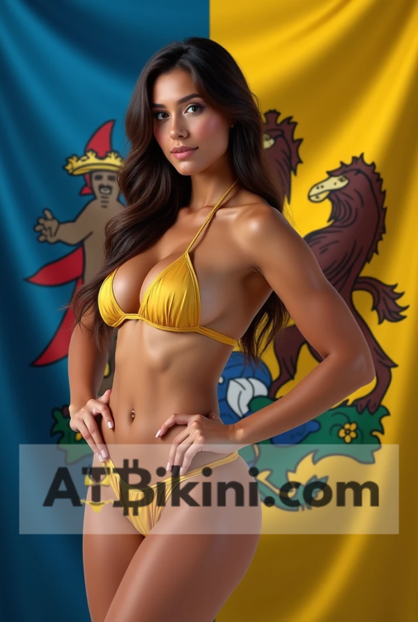 Delaware bikini woman in Golden bikini in front of Delaware flag lookalike