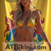 Delaware bikini woman in Golden bikini in front of Delaware flag lookalike