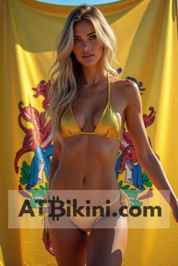 Delaware bikini woman in Golden bikini in front of Delaware flag lookalike