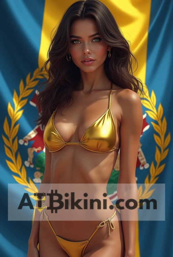 Delaware bikini woman in Golden bikini in front of Delaware flag lookalike