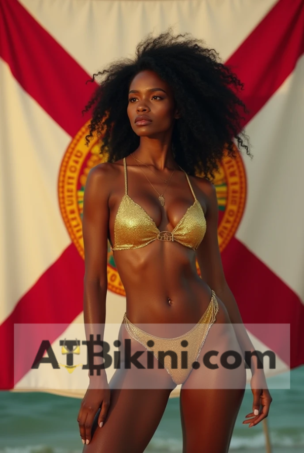 Florida bikini woman in Golden bikini in front of Florida flag lookalike