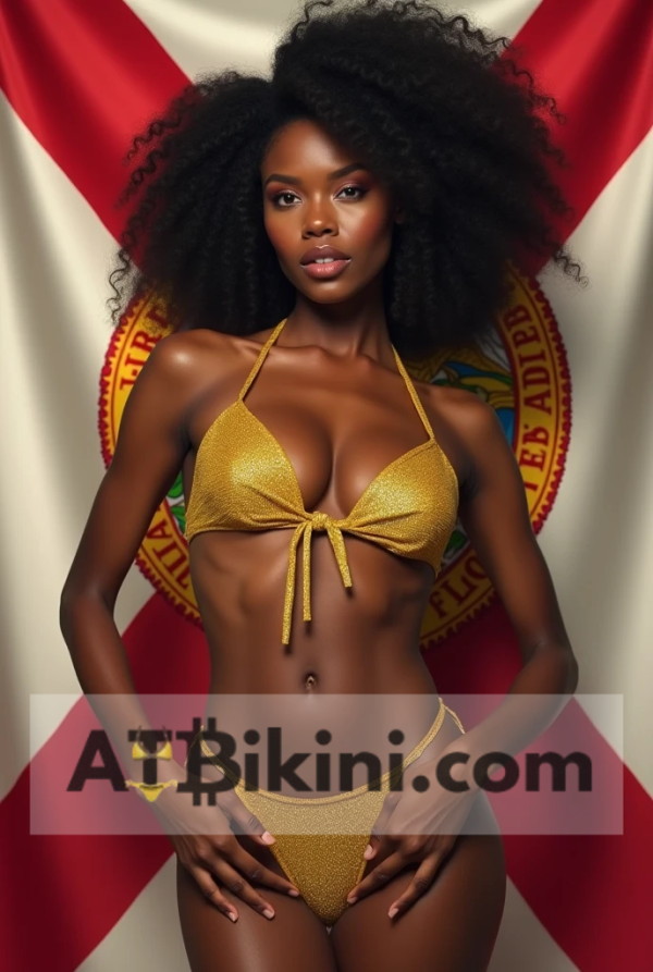Florida bikini woman in Golden bikini in front of Florida state flag lookalike