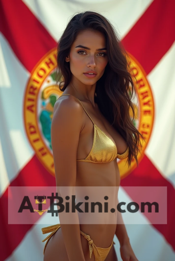 Florida bikini woman in Golden bikini in front of Florida state flag lookalike