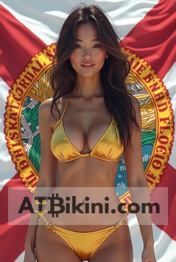 Florida bikini woman in Golden bikini in front of Florida flag lookalike