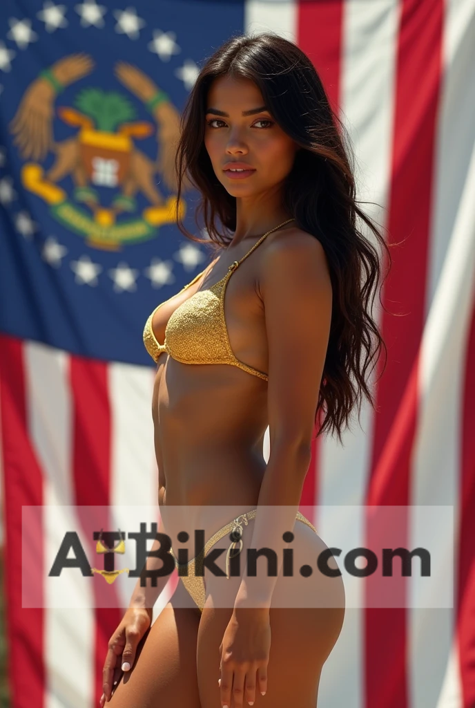 Georgia bikini woman in Golden bikini in front of Georgia flag lookalike