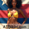 Hawaii bikini woman in Golden bikini in front of Hawaii state flag lookalike