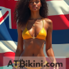 Hawaii bikini woman in Golden bikini in front of Hawaii state flag lookalike