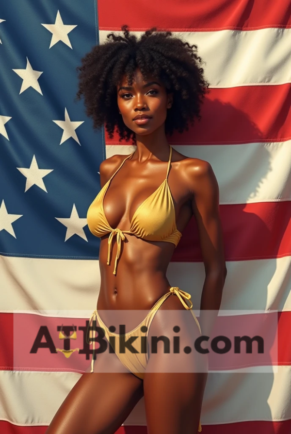 Hawaii bikini woman in Golden bikini in front of Hawaii state flag lookalike