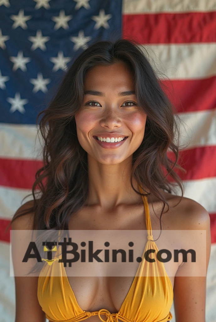 Hawaii bikini woman in Golden bikini in front of Hawaii state flag lookalike