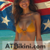 Hawaii bikini woman in Golden bikini in front of Hawaii state flag lookalike