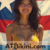 Hawaii bikini woman in Golden bikini in front of Hawaii state flag lookalike