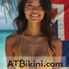 Hawaii bikini woman in Golden bikini in front of Hawaii state flag lookalike