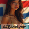 Hawaii bikini woman in Golden bikini in front of Hawaii state flag lookalike