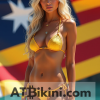 Hawaii bikini woman in Golden bikini in front of Hawaii state flag lookalike