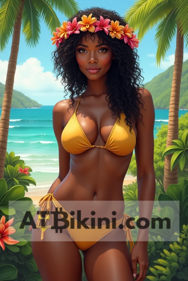 Hawaii bikini woman in Golden bikini in front of Hawaii nature and natural beauty