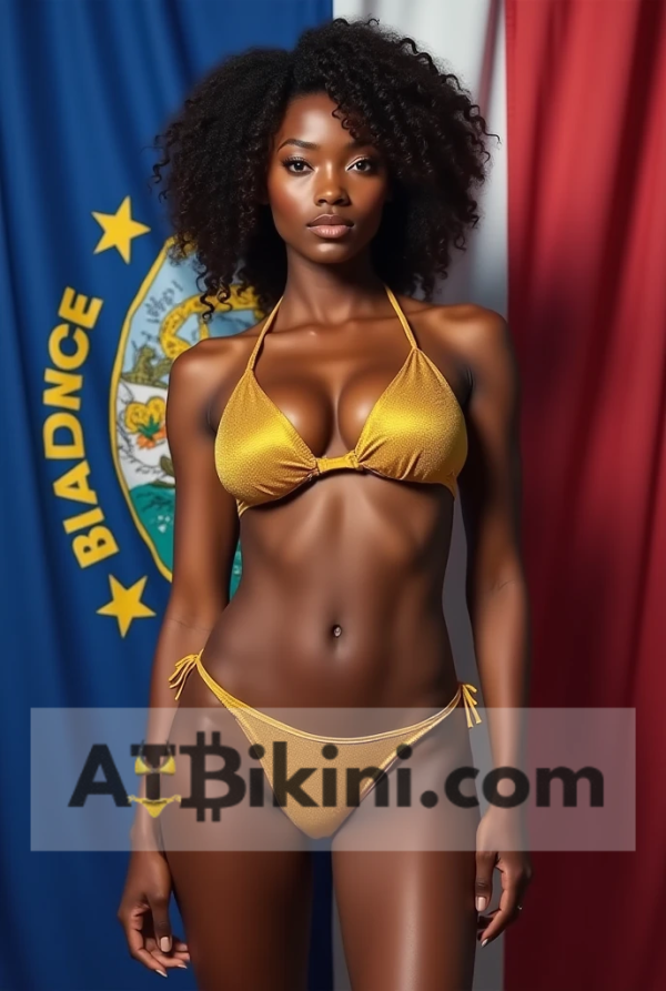 Idaho bikini woman in Golden bikini in front of Idaho state flag lookalike