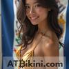 Idaho bikini woman in Golden bikini in front of Idaho state flag lookalike