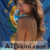 Idaho bikini woman in Golden bikini in front of Idaho state flag lookalike