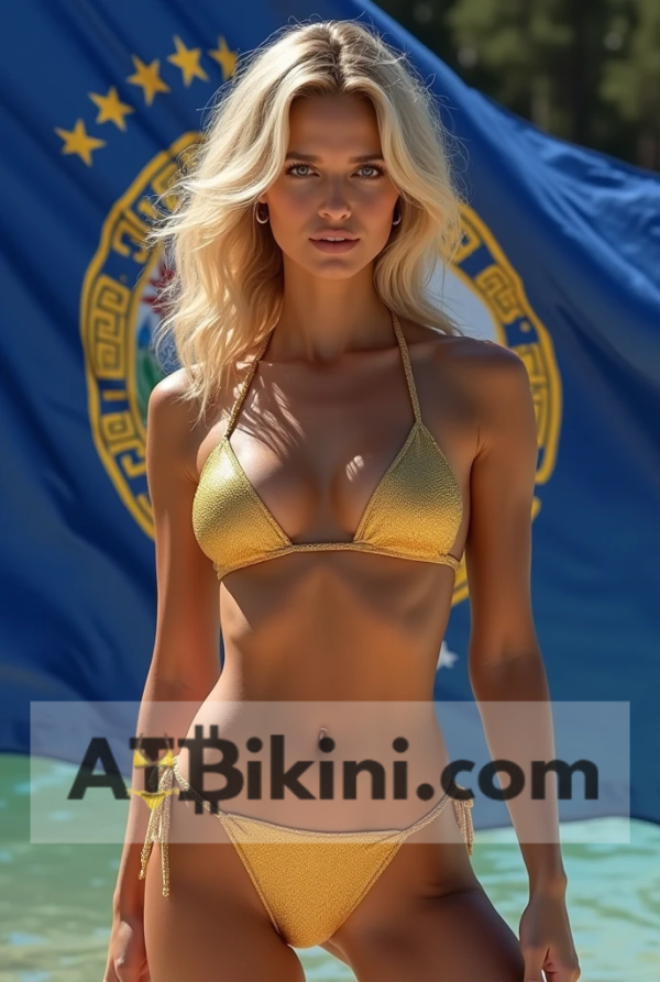 Idaho bikini woman in Golden bikini in front of Idaho state flag lookalike