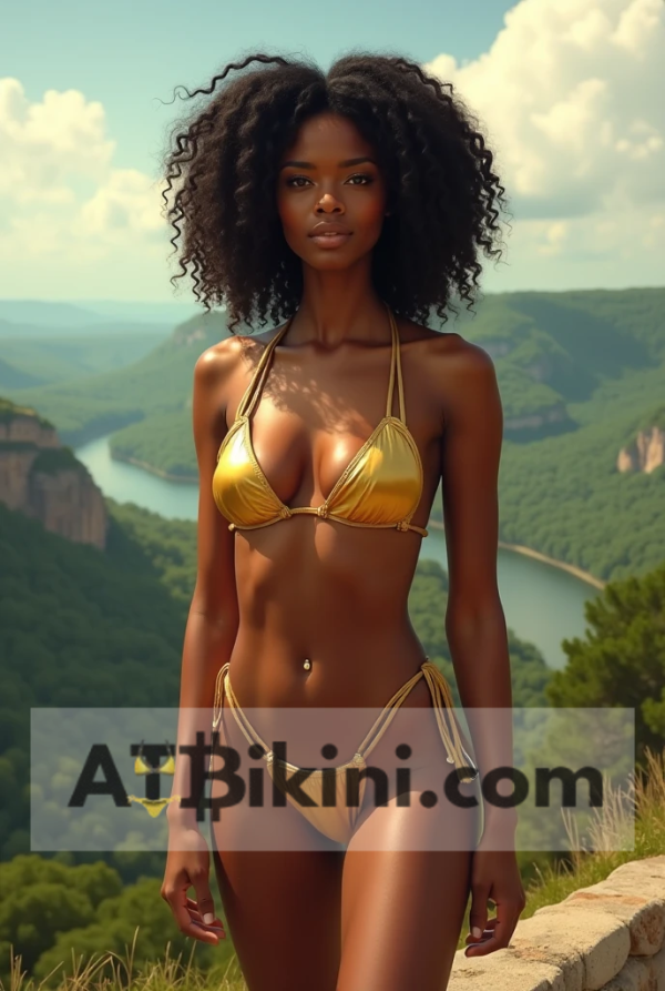 Illinois bikini contest, woman in Golden bikini in front of Illinois nature beauty
