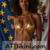 Indiana bikini contest woman in Golden bikini in front of Indiana state flag lookalike