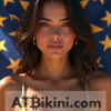 Indiana bikini contest woman in Golden bikini in front of Indiana state flag lookalike