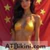 Indiana bikini contest woman in Golden bikini in front of Indiana state flag lookalike