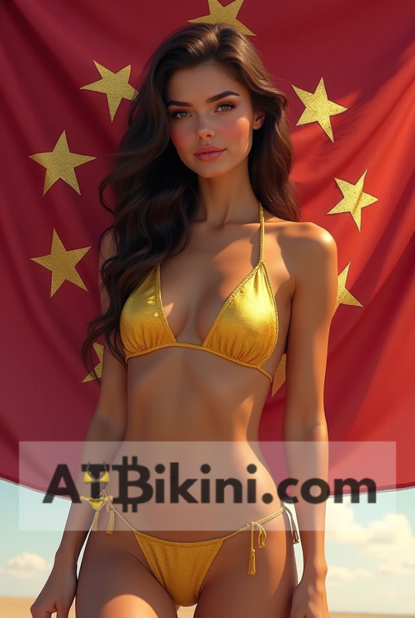 Indiana bikini contest woman in Golden bikini in front of Indiana state flag lookalike