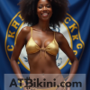 Kentucky bikini contest woman in Golden bikini in front of Kentucky state flag lookalike