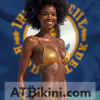 Kentucky bikini contest woman in Golden bikini in front of Kentucky state flag lookalike