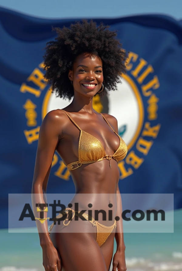 Kentucky bikini contest woman in Golden bikini in front of Kentucky state flag lookalike