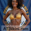 Kentucky bikini contest woman in Golden bikini in front of Kentucky state flag lookalike
