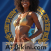 Kentucky bikini contest woman in Golden bikini in front of Kentucky state flag lookalike