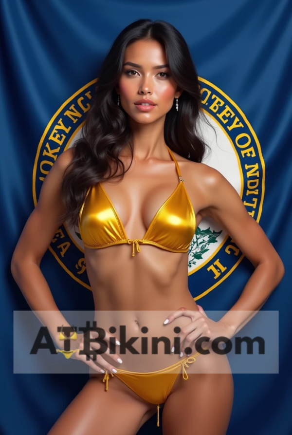 Kentucky bikini contest woman in Golden bikini in front of Kentucky state flag lookalike