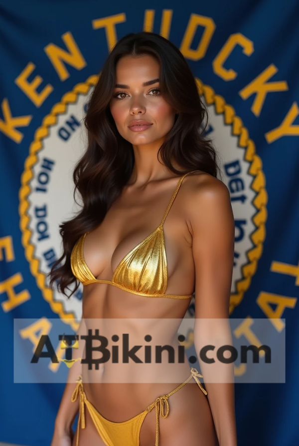 Kentucky bikini contest woman in Golden bikini in front of Kentucky state flag lookalike