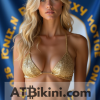 Kentucky bikini contest woman in Golden bikini in front of Kentucky state flag lookalike