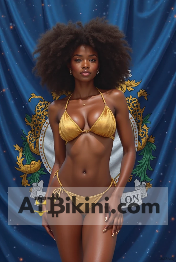 Kentucky bikini contest woman in Golden bikini in front of Kentucky state flag lookalike